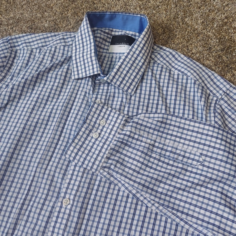 Calabrum London Mens Blue White Check Button Down Shirt Large 16-16.5 L